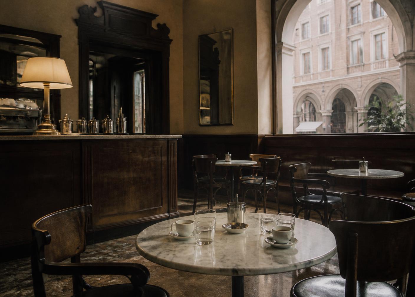 Interno di un caffè bolognese con tavolini in marmo e tazzine di espresso